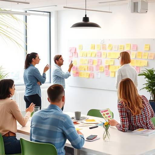 Attendees participating in a design thinking workshop, brainstorming ideas on sticky notes