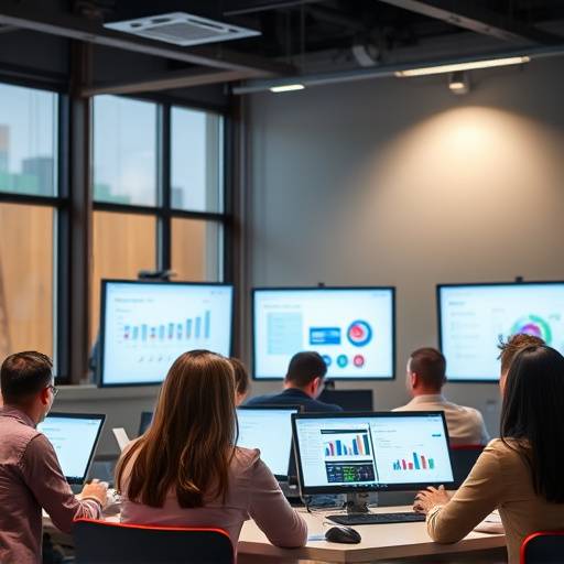 Workshop attendees learning about data visualization techniques, with dashboards displayed on screens